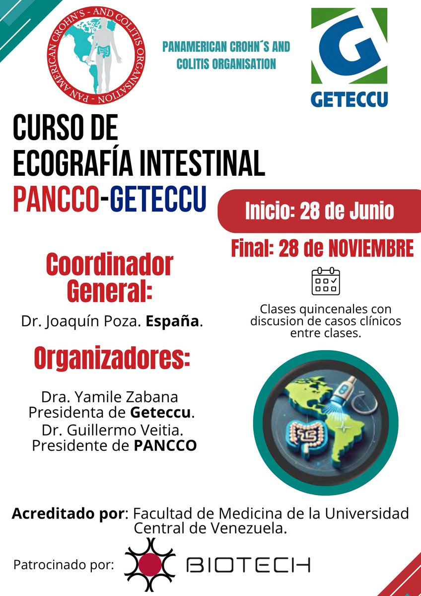 ¿Quieres ampliar tus habilidades en ecografía intestinal? No te pierdas el Curso PANCCO - GETECCU, que inicia este sábado 28 de junio a las 10 AM (Hora de Venezuela). Una oportunidad única para profundizar en técnicas avanzadas y mejorar la atención a tus pacientes.