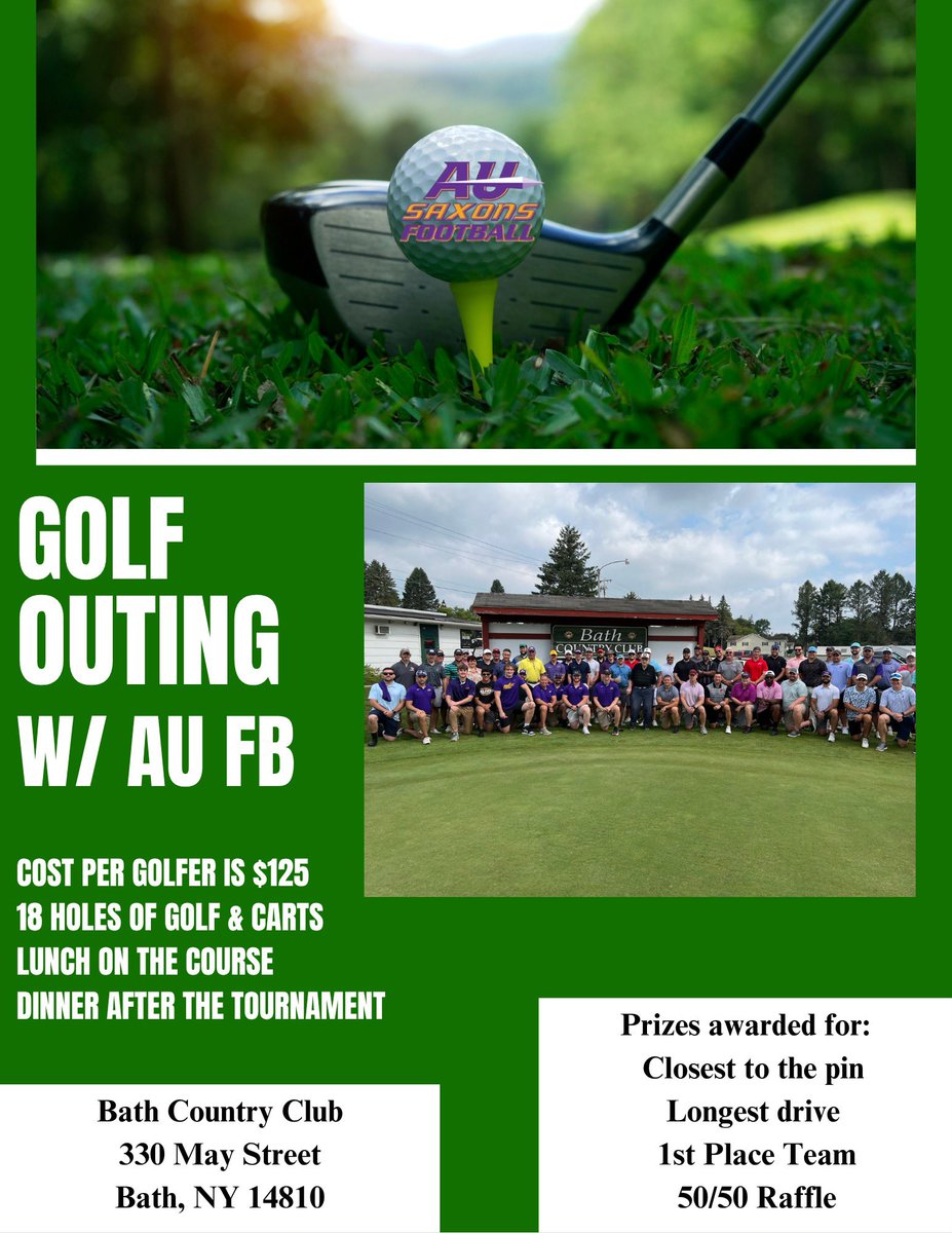 AU Football Golf outing ⛳️
📅 Friday, August 1
📍 Bath Country Club

Check-in: 9:00–9:45 AM | Shotgun Start: 10 AM

 $125/golfer — Includes:
• 18 holes + cart
• Lunch &amp; dinner
• Nike Dri-Fit tee
• Prizes

alumni.alfred.edu/e/2025-au-foot…

Sponsor a hole:

alumni.alfred.edu/e/2025-au-foot…