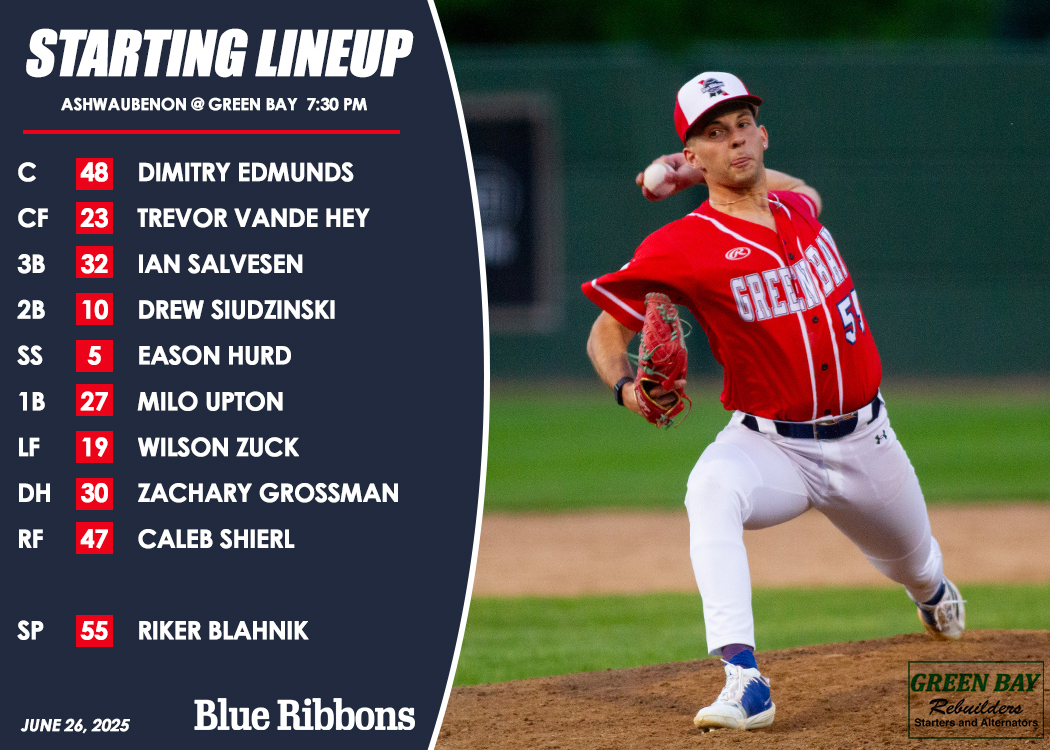 Tonight's starting lineup as the Blue Ribbons host the Ashwaubenon Lookouts on Youth Night. #blueribbonsbaseball
