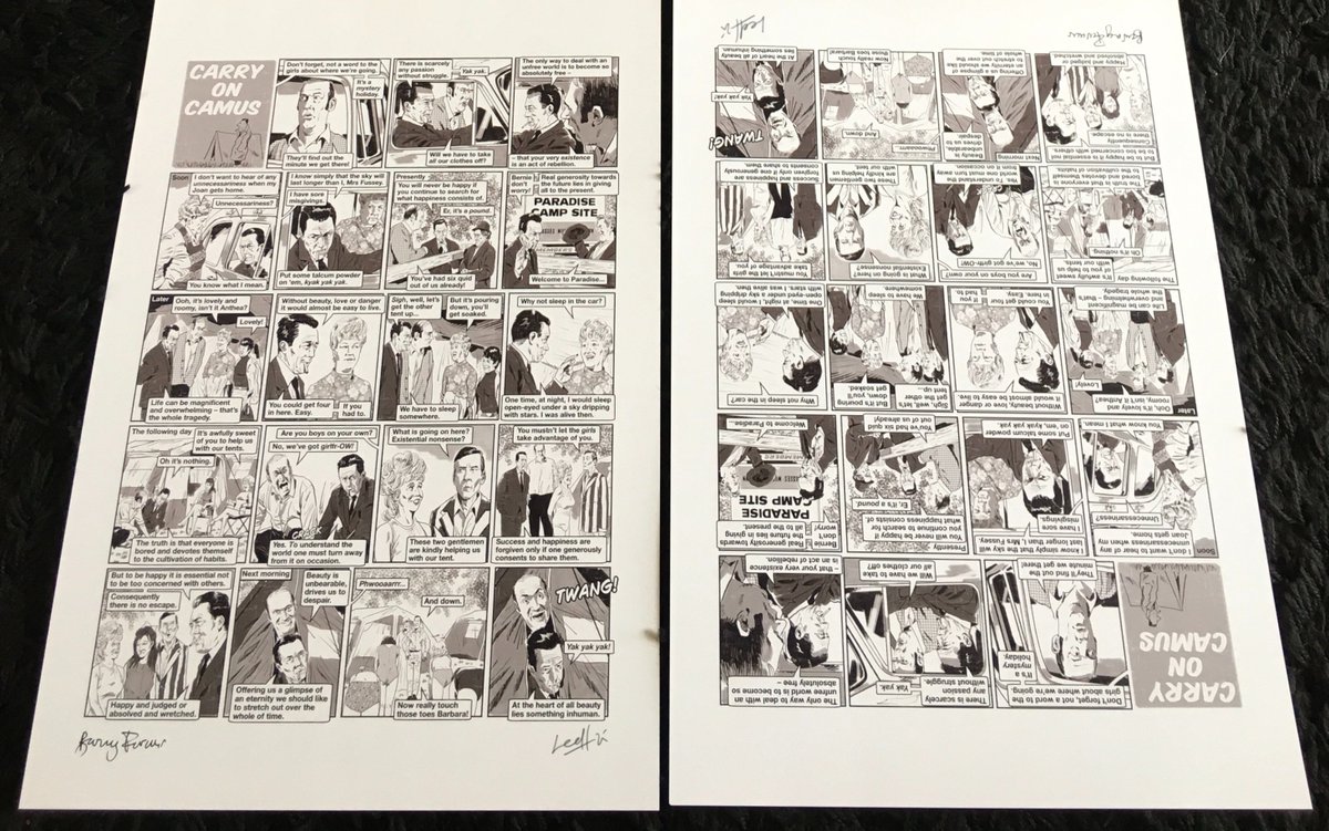 We're doing a limited run of 'Carry on Camus' A3 prints, signed by <a href="/barneyfarmer/">barney farmer</a> &amp; I (chin chin!), two of which have already been sold (see pic*). If you'd like one, drop me a DM, or message me at shorturl.at/t6828
*Barney's black rug not included in the price