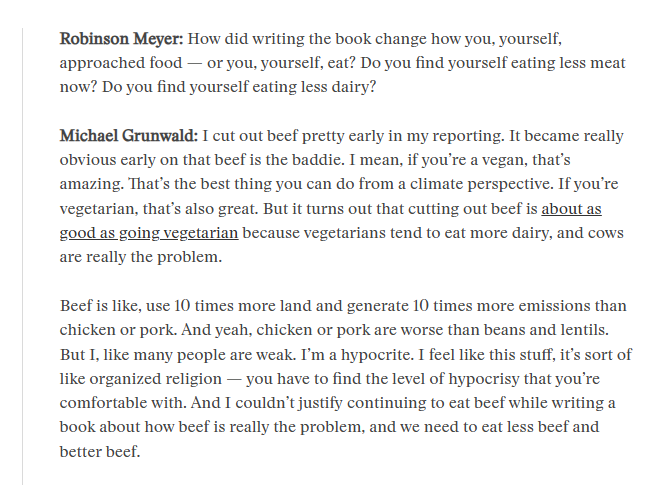 noah_gordon_'s tweet photo. "You find the level of hypocrisy you're comfortable with", says @MikeGrunwald of eating chicken (but not beef) while writing a book about food and climate. 

I love the quote and the honesty. A lot of people who work on climate have feelings like this about beef, flights etc. https://t.co/1nkLBspJyA