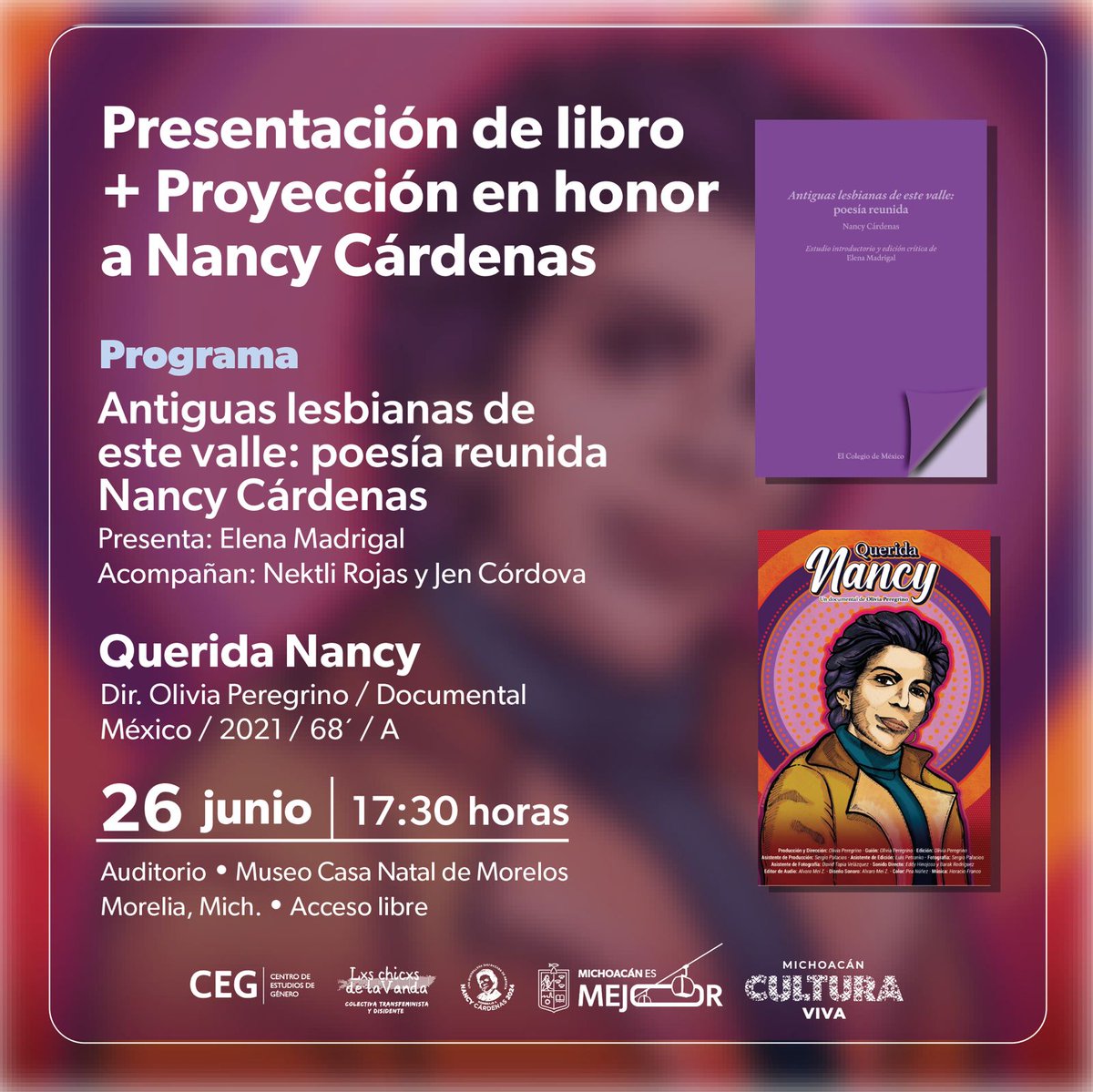 Hoy jueves 26 de junio a partir de las 17:30 horas en el Museo Casa Natal de Morelos, disfruta la presentación del libro Antiguas lesbianas de este valle, poesía de Nancy Cárdenas, editada por <a href="/elma_madri58202/">Elena “ElMa” Madrigal</a>, y la proyección del documental Querida Nancy, de <a href="/OliviaPeregrino/">Olivia Peregrino</a>. 💜