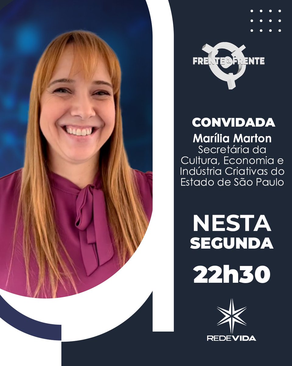 Nesta segunda-feira, @hugosrocha recebe no Frente a Frente - Edição São Paulo, a Secretária da Cultura, Economia e Indústria Criativas do Estado de São Paulo às 22h30, aqui na REDEVIDA, o canal da família!