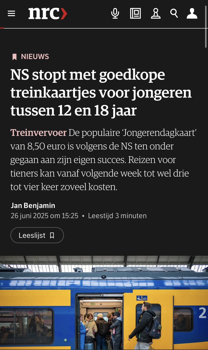 Jemig.

Wat een achterlijke move. 

Laat die tieners lekker goedkoop Nederland verkennen met de trein. Er zijn al zo veel dingen voor ze verkloot. Gun ze dit voordeeltje. 

En als je dan toch per se leeftijdsgebonden voordeeltjes wil schrappen, schrap dan die keuzedagen voor 65