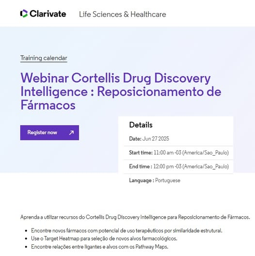 BibliotecaCQ's tweet image. 27/06, 11h | Webinar Cortellis Drug Discovery Intelligence : Reposicionamento de Fármacos

Aprenda a utilizar recursos do Cortellis Drug Discovery Intelligence para Reposicionamento de Fármacos.

Registre-se e participe gratuitamente:
clarivate.com/life-sciences-…

#cortellis #farmacos