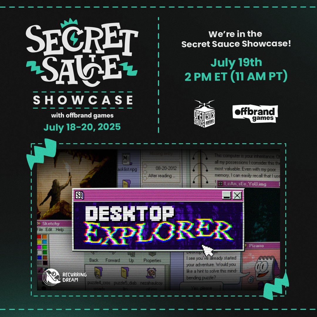 Hey Explorers! We’re in the Secret Sauce Showcase by <a href="/offbrand_games/">offbrand games | AETHERMANCER OUT NOW 🔥</a>! 
Be on the lookout Sat July 19th at 11 AM PT / 2 PM ET live on YT and Twitch. 
The Showcase will feature a new trailer Meet us IRL from July 18-20 at the <a href="/OpenSauceLive/">Open Sauce</a> convention