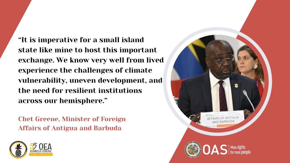 📢Yesterday, the Minister of Foreign Affairs of Antigua and Barbuda, H.E. Chet Greene, moderated the Dialogue with Civil Society as part of the 55th OAS General Assembly.

If you missed it, you can watch it here: bit.ly/4kdRg5s

#MoreParticipationMoreResults #OASAssembly