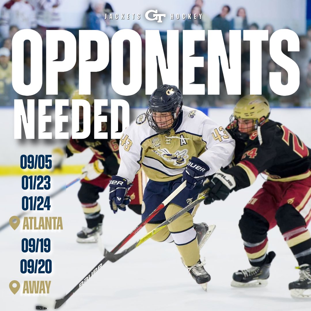 Georgia Tech Hockey (@gt_hockey) on Twitter photo We are looking for opponents to complete our schedule for the 2025-26 season! DM or email us at GeorgiaTechHockey@gmail.com with inquiries. We are looking for opponents to complete our schedule for the 2025-26 season! DM or email us at GeorgiaTechHockey@gmail.com with inquiries.