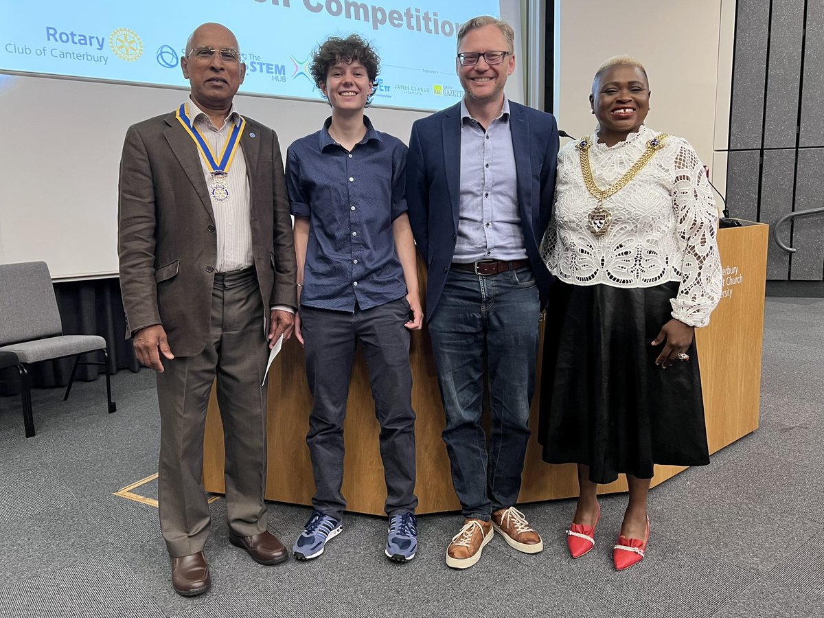 Canterbury Rotary (@rotarycantuk) on Twitter photo Congrats to winners 🏆of our #InnovationCompetition held with <a href="/CanterburyCCUni/">Canterbury Christ Church University</a> & @stemhub_SE): Lizzie (joint 1st 🥇 <a href="/invictagrammar/">Invicta Grammar School</a> ), Medi (joint 🥇#qegsfaversham) & Leo (3rd🥉<a href="/qegs_faversham/">qegs_faversham</a>). Pic with our President; #LordMayorofCanterbury @kejimoses, & Stefan Colley from CCCU Congrats to winners 🏆of our #InnovationCompetition held with <a href="/CanterburyCCUni/">Canterbury Christ Church University</a> & @stemhub_SE): Lizzie (joint 1st 🥇 <a href="/invictagrammar/">Invicta Grammar School</a> ), Medi (joint 🥇#qegsfaversham) & Leo (3rd🥉<a href="/qegs_faversham/">qegs_faversham</a>). Pic with our President; #LordMayorofCanterbury @kejimoses, & Stefan Colley from CCCU