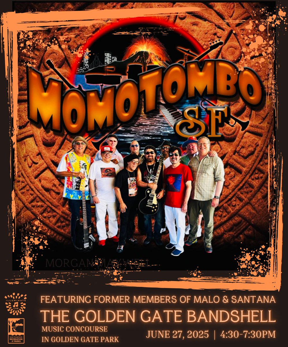 Illuminate LIVE (@illumin8live) on Twitter photo Kick off the weekend with Friday Happy Hour the Bandshell!
Momotombo-SF takes the stage, featuring former members of Malo & Santana. Grab your friends & we'll see you there!
📍 Details:
Date: Fri 6/27
Time: 4:30-7:30pm
Location: Music Concourse in Golden Gate Park
<a href="/recparksf/">San Francisco Recreation and Park Department</a> Kick off the weekend with Friday Happy Hour the Bandshell!
Momotombo-SF takes the stage, featuring former members of Malo & Santana. Grab your friends & we'll see you there!
📍 Details:
Date: Fri 6/27
Time: 4:30-7:30pm
Location: Music Concourse in Golden Gate Park
<a href="/recparksf/">San Francisco Recreation and Park Department</a>