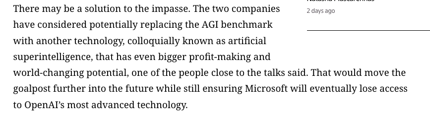 lauramandaro's tweet image. Artificial general intelligence >> Artificial super intelligence. Microsoft and OpenAI can't agree on the definition of the former, with big consequences for Microsoft's access to OpenAI tech. So they may resolve by moving the goalposts. theinformation.com/articles/opena…