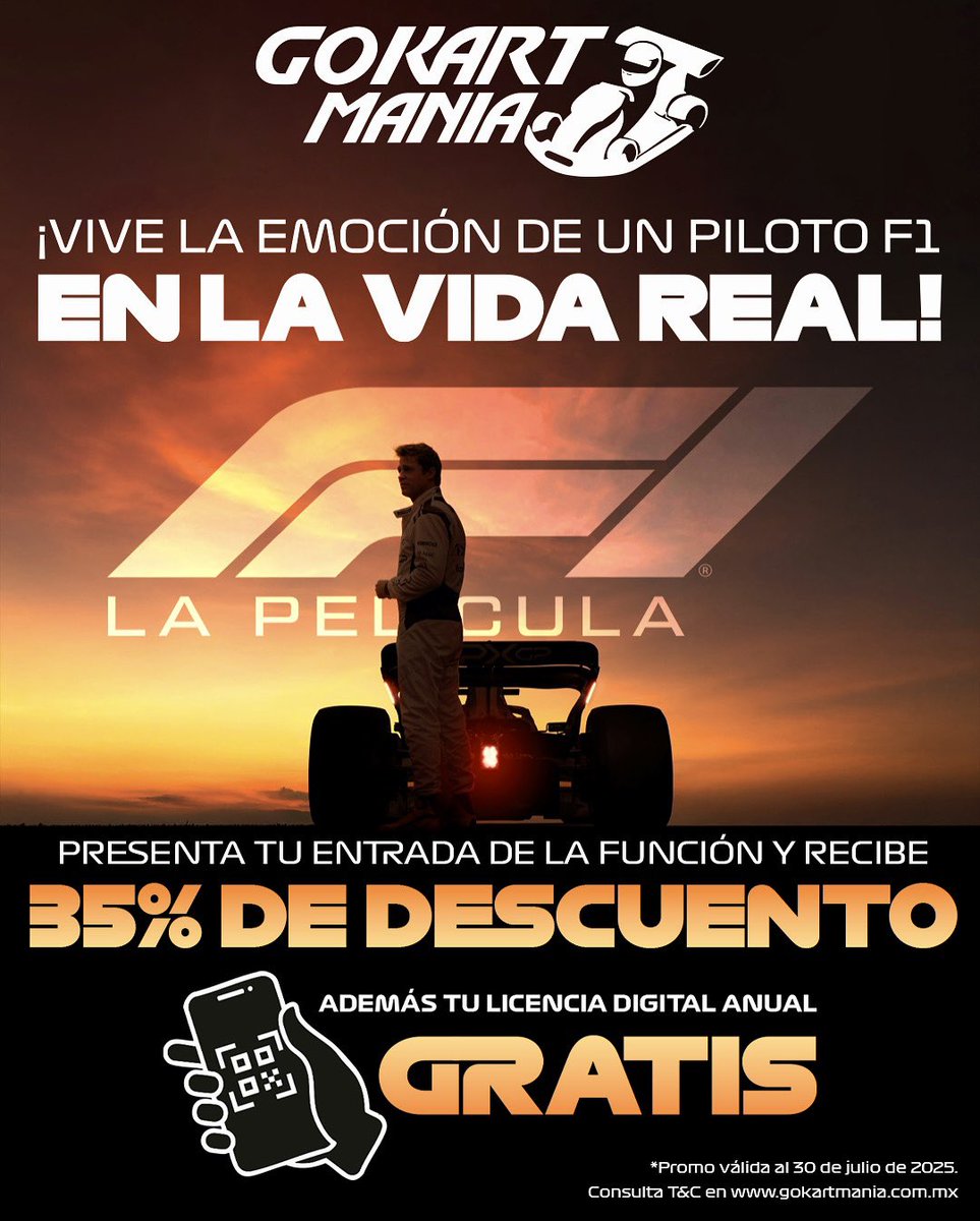 🎬 ¿Te emocionaste con la nueva peli de F1?
🏎️ ¡Ahora vive esa adrenalina en la vida real!

Presenta tu boleto del cine y corre con 35% de descuento + licencia digital GRATIS 🚀

📍Solo en GoKartManía
📅 Promo válida hasta el 30 de julio

#F1LaPelícula #GoKartManía
