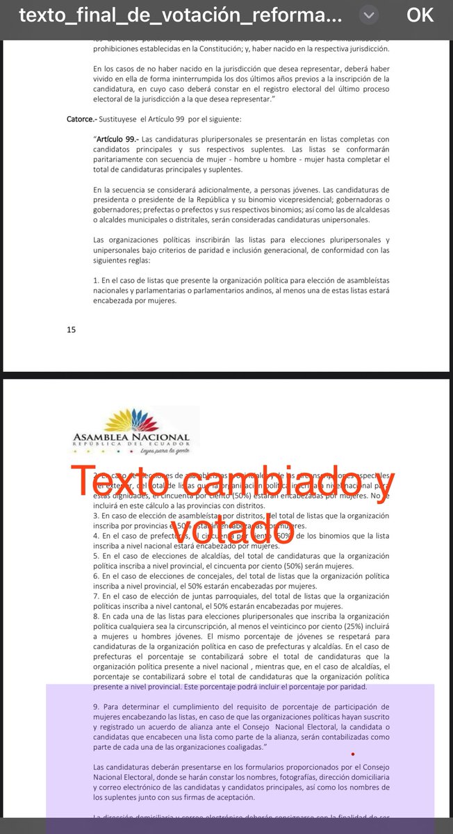 🚨Nuevo ataque contra las mujeres! Sin debate, violando el procedimiento parlamentario y de manera regresiva la mayoría de la Asamblea Nacional eliminó  la paridad en los binomios (Art. 99 del  Código de la Democracia)

Lo hizo la ponente al apuro y sin decirlo #AsambleaDistinta