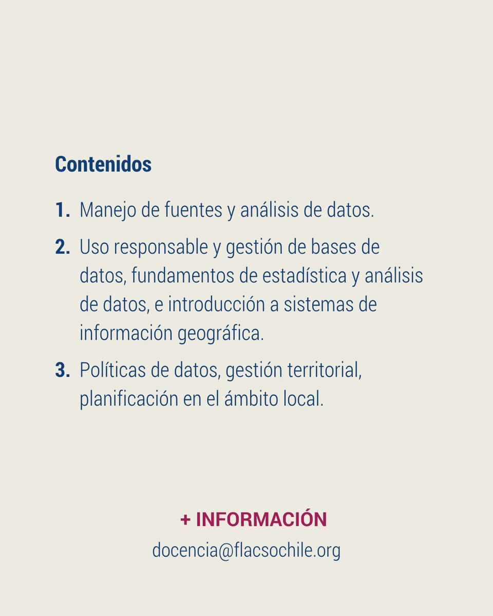 #Docencia | 🗺️ ¿Quieres transformar la gestión pública local con ciencia de datos?

Súmate al Diplomado en Ciencia de Datos, Gobiernos Locales y Territorio de FLACSO Chile.

🗓 Inicio: septiembre 2025 | 💻 100% virtual

Inscríbete aquí 👉 flacsochile.org/diplomado-cien…