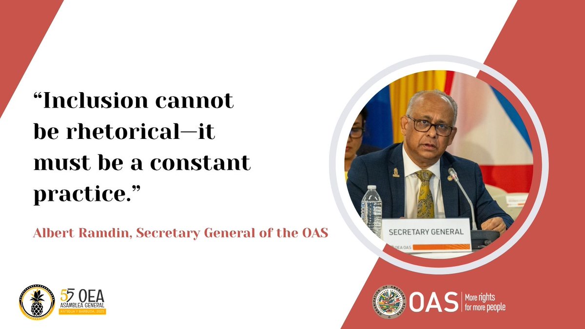 📢Here are quotes that our Secretary General, Albert Ramdin, shared during yesterday’s Dialogue with Civil Society at the 55th #OASAssembly:  

If you missed it, you can watch the Dialogue here: bit.ly/4kdRg5s 

#MoreParticipationMoreResults