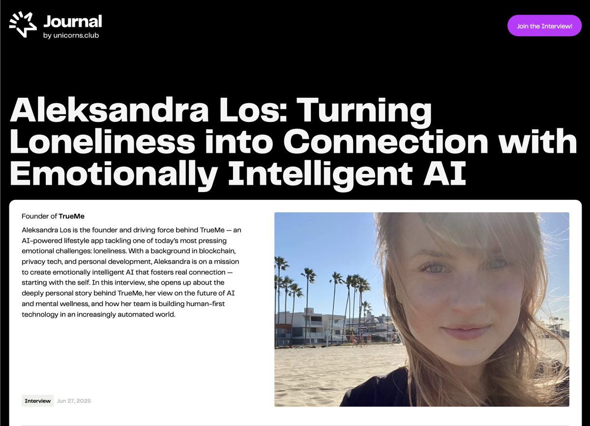 🧠 New on Unicorns Journal: <a href="/AleksLos2/">Aleksandra Los</a> — founder of  @TrueMe_App — turning loneliness into connection with emotionally intelligent AI 💜

Read: unicorns.club/journal/aleksa…

#Startups #MentalHealth #UnicornsJournal #Wellness #EmotionalHealth #TrueMe