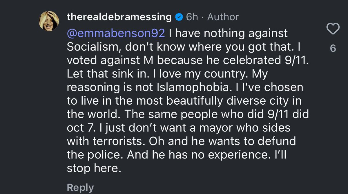 “My reasoning is not Islamophobia” as she blatantly lies about him celebrating 9/11 and being a terrorist supporter 💀 Debra girl we see u!!!!