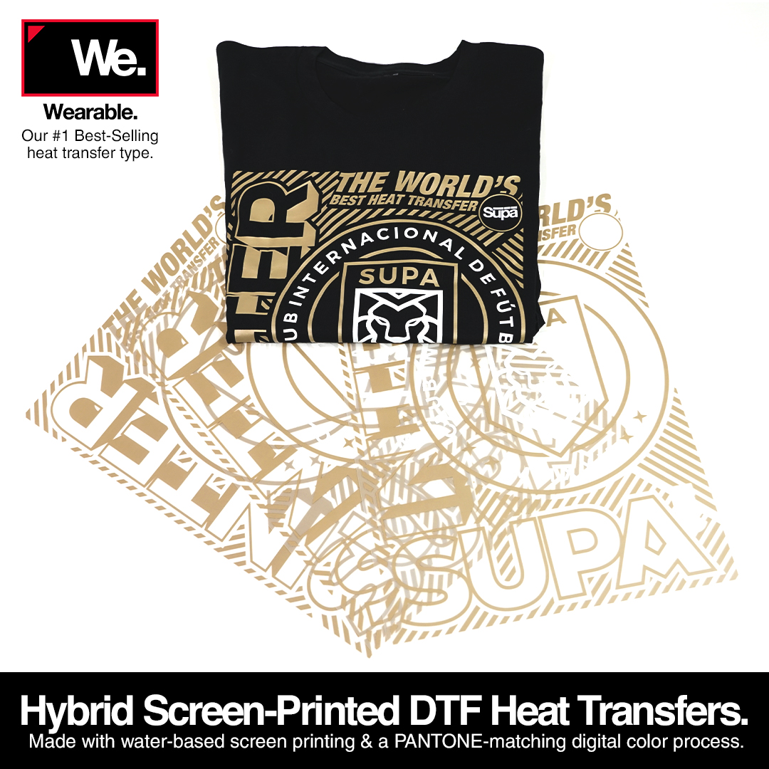Supacolor Wearable is our # 1 best-selling heat transfer type for it's incredible quality, soft feel, and high durability. 🏆 It's made with water-based screen printing and a PANTONE-matching digital color process that can also print metallics! 🛒supacolor.com