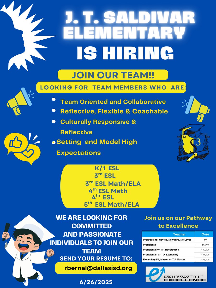 Rocio Bernal (@principalbernal) on Twitter photo Join me in spreading the word of our search for great candidates for the 2025-2026 school year! <a href="/SoniaLoskot/">Sonia Loskot</a> <a href="/TJVT_Dallas/">Thomas Jefferson Vertical Team</a> <a href="/TeachDallasISD/">Careers @ Dallas ISD</a> Join me in spreading the word of our search for great candidates for the 2025-2026 school year! <a href="/SoniaLoskot/">Sonia Loskot</a> <a href="/TJVT_Dallas/">Thomas Jefferson Vertical Team</a> <a href="/TeachDallasISD/">Careers @ Dallas ISD</a>