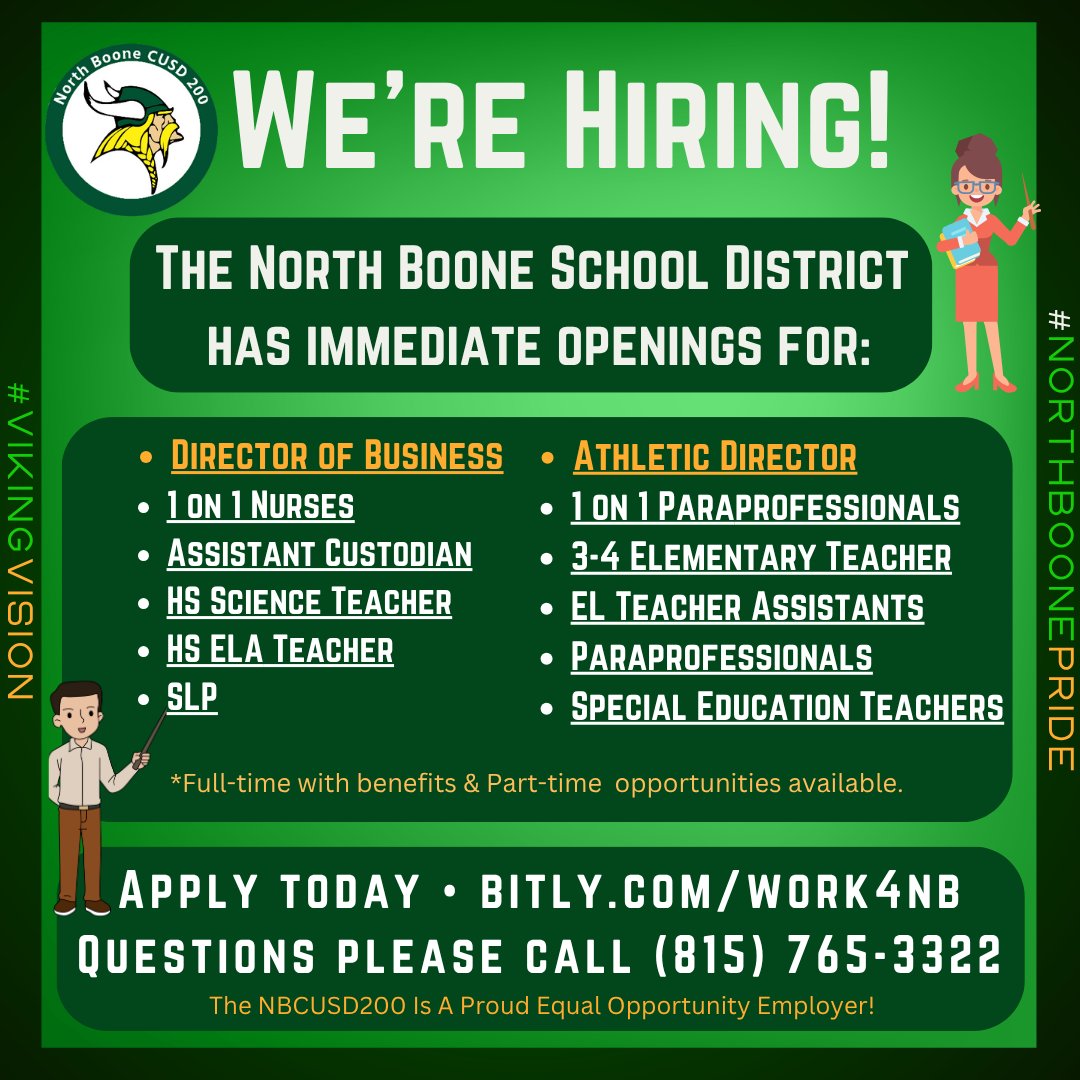 Passionate about making a difference? The North Boone School District offers a positive, supportive environment where you can truly impact students' lives. Explore current opportunities and join our team: bit.ly/work4nb #NorthBoonePride #VikingVision