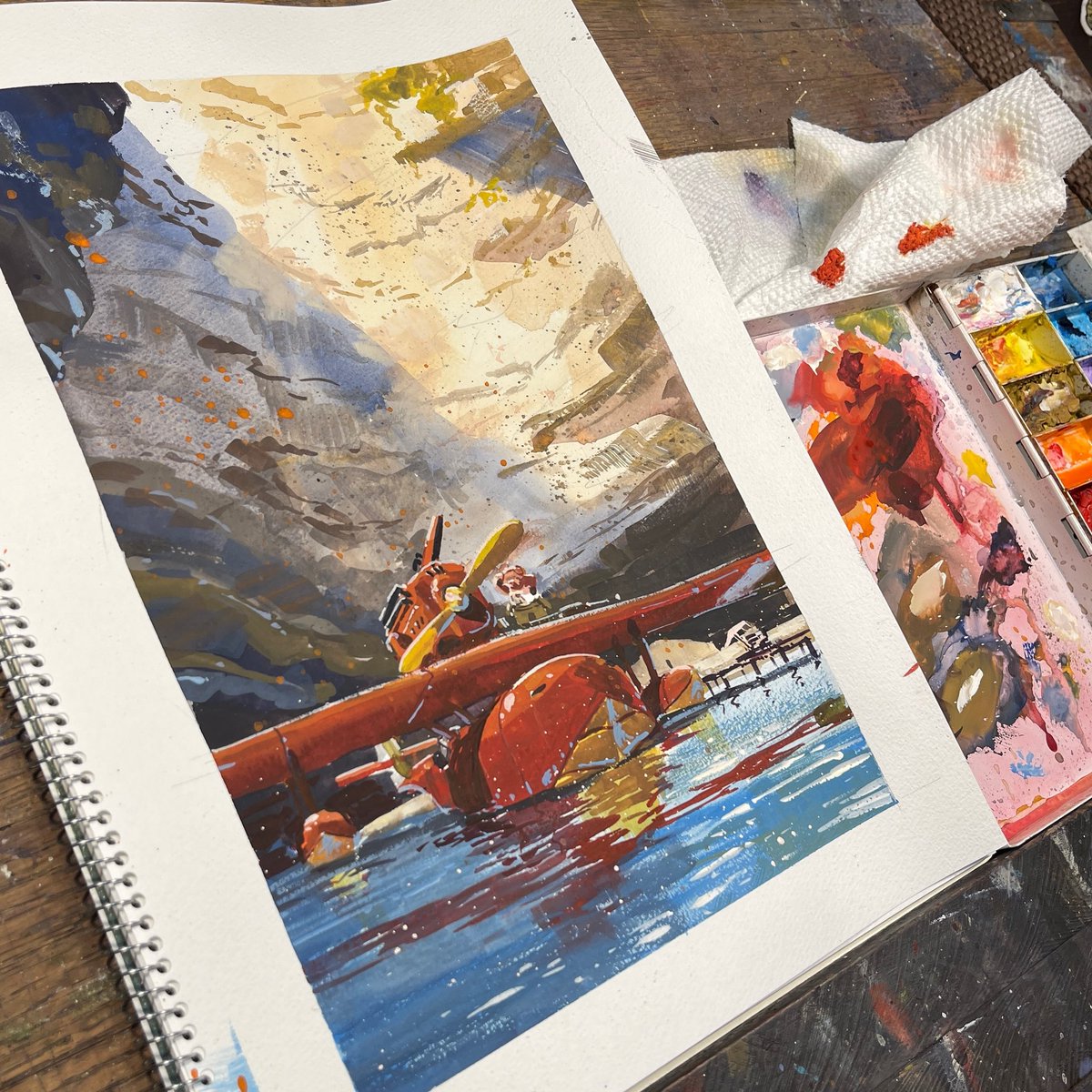 Jared_Cullum's tweet image. Heroes sketchbook commission of Porco Rosso’s plane. Incidentally my favorite film.