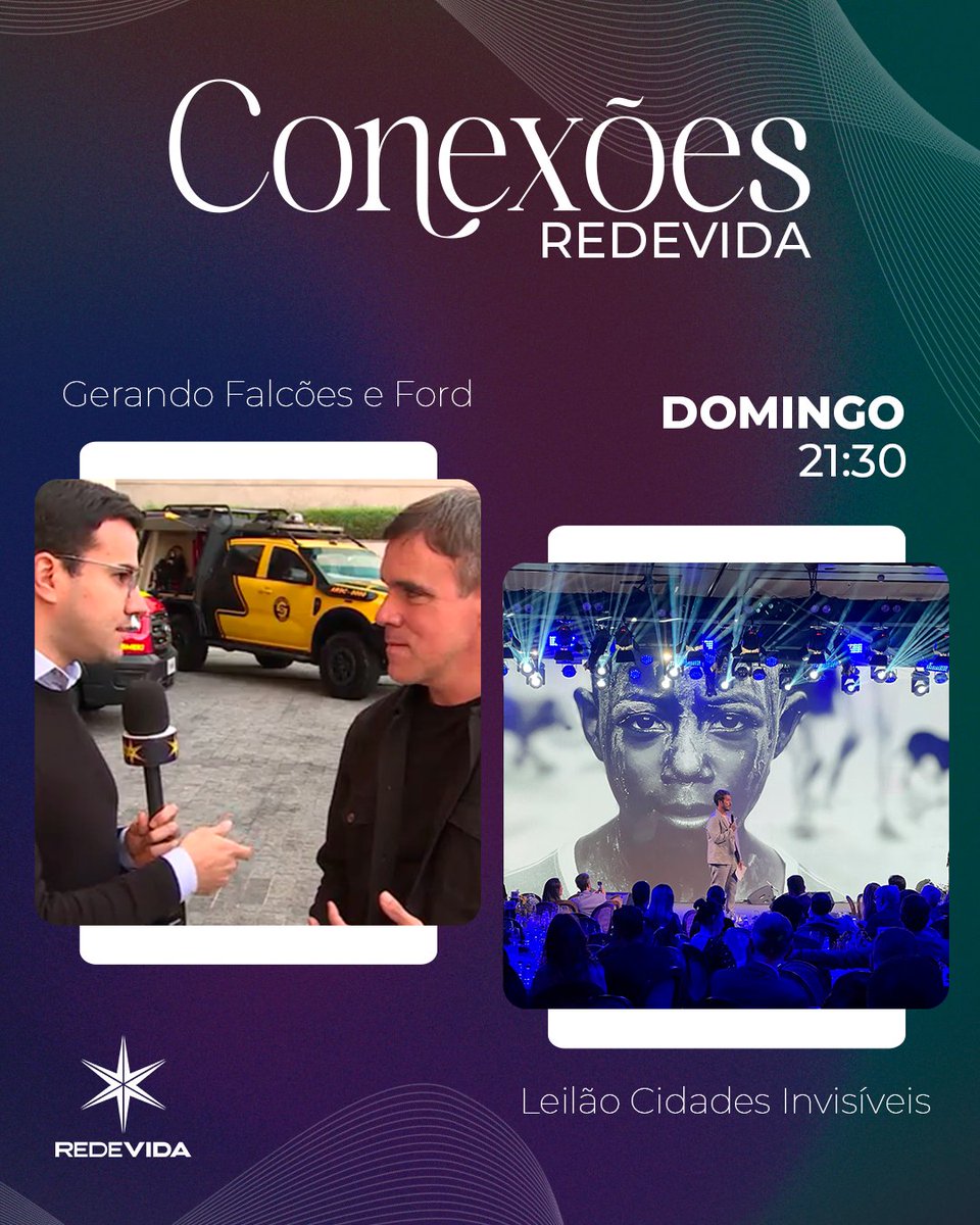 Neste domingo, às 21h30, no Conexões REDEVIDA, Hugo Rocha participa do Leilão Cidades Invisíveis, evento que transforma vidas por meio da arte e solidariedade. E também tem Gerando Falcões e Ford, mostrando iniciativas que fazem a diferença!

Aqui na REDEVIDA, o canal da família.