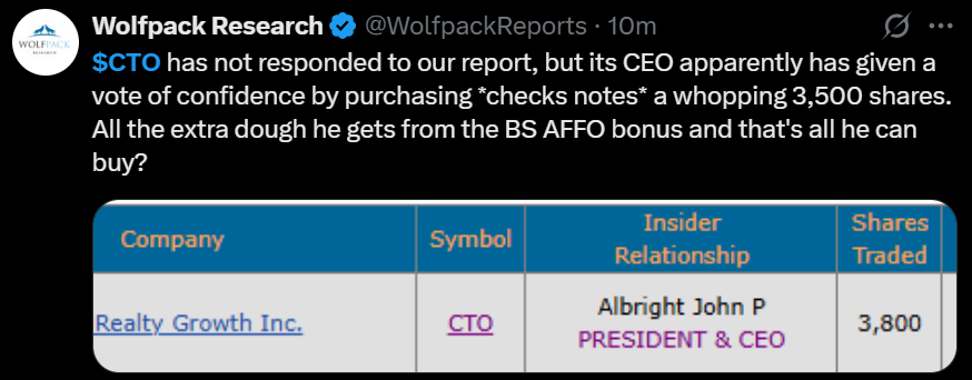 Dan and his team Wolfpack Research nailed the short thesis and then some on the $RILY crime scene, so when they compare $CTO to B Riley in the same sentence, my ears certainly perk up.

Where is Realty Growth's response to this?

If you're a shareholder, wouldn't this worry you?