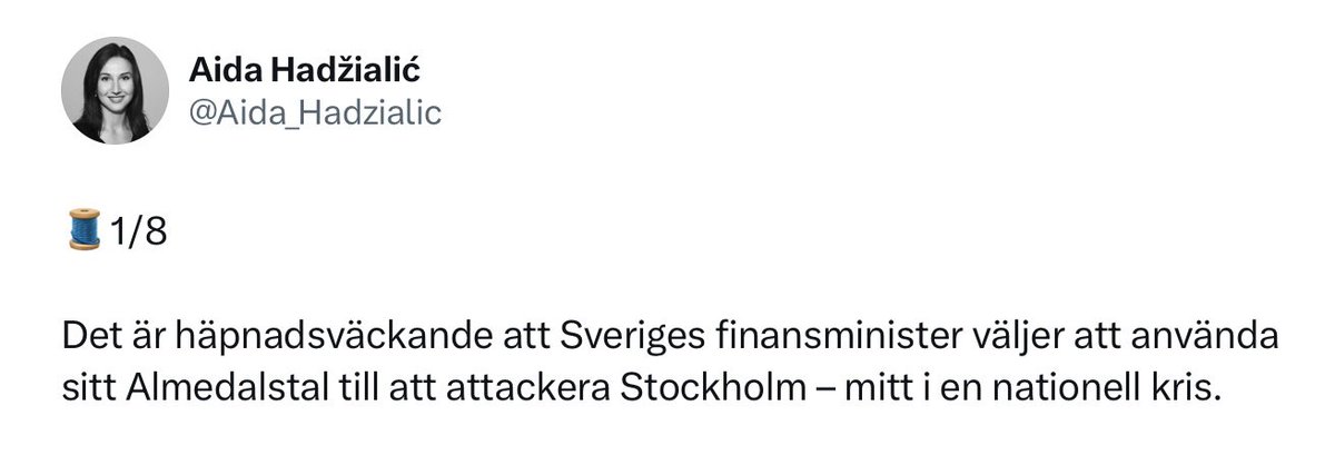 moderatkarlsson's tweet image. Socialdemokraterna styr Stockholm och höjer skatten, lägger ner ätstörningskliniker och skär ner på trygghet.
Men det som upprör @Aida_Hadzialic mest?
Att Elisabeth Svantesson nämner det i sitt tal.
I S-världen är problemet aldrig vad de gör, utan att någon vågar säga det högt.