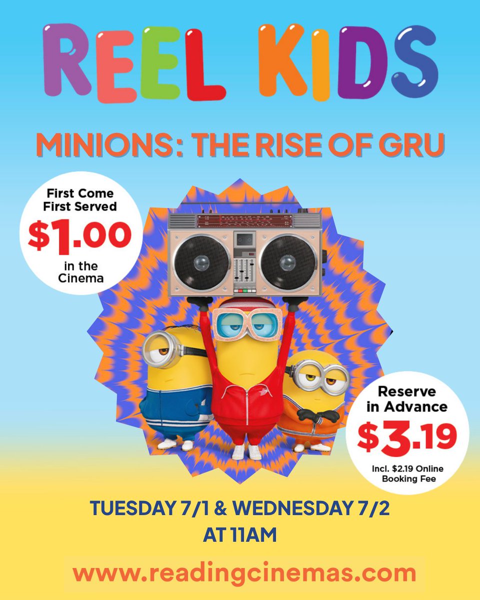 See how he Gru up so evil. MINIONS: THE RISE OF GRU is up next in our #ReelKids series, Tuesday, 7/1, and Wednesday, 7/2! Get your tickets now!

readingcinemas.com