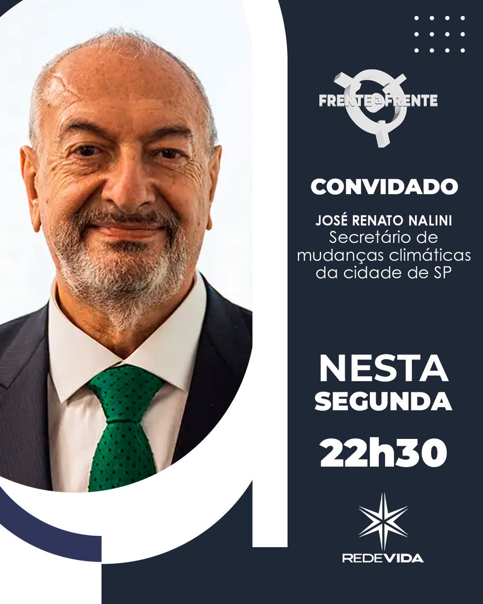 Nesta segunda-feira, o Frente a Frente recebe José Renato Nalini, Secretário de Mudanças Climáticas da cidade de São Paulo. O convidado de @hugosrocha vai ao ar às 22h30, aqui na REDEVIDA.
