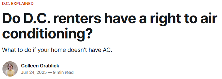 DC YIMBYs 🏗 (@dcyimbys) on Twitter photo Great article from <a href="/colleengrablick/">Colleen Grablick</a> about tenants' rights to air conditioning. TLDR: if the landlord doesn't provide it, they don't have a right.
Basically everything built in the last couple decades is going to come with AC. Building more gives people the option to move. Great article from <a href="/colleengrablick/">Colleen Grablick</a> about tenants' rights to air conditioning. TLDR: if the landlord doesn't provide it, they don't have a right.
Basically everything built in the last couple decades is going to come with AC. Building more gives people the option to move.