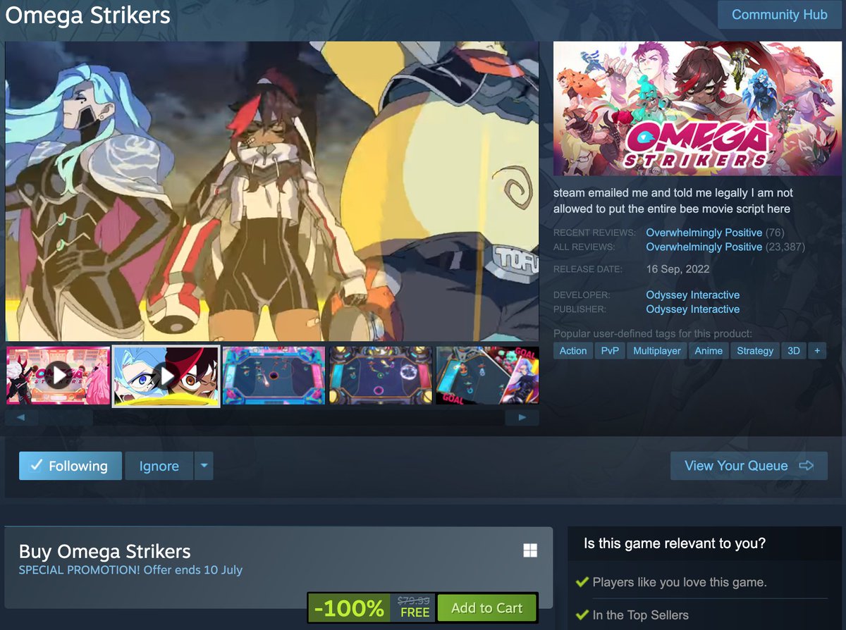🚨🚨🚨!!!HUUUUGE SALE ALERT!!! 🚨🚨🚨
 
Omega Strikers is now 100% OFF for the Steam Summer Sale!!!  

Get it while you can!! Tell your friends!!! Tell your family!!! Tell the FedEx drivers you see on the street!