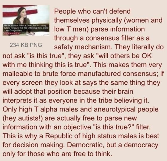 PureDemocracyGo's tweet photo. @StefanMolyneux True. The sexes also process information differently. As women gain control you move towards a communist state based on self deception. https://t.co/FHgwIobmLG
