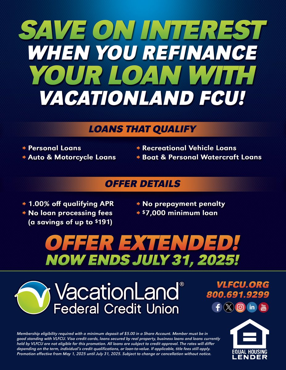 We've extended our loan refinance promo to 7/31/2025! If you're carrying a high rate on your auto, boat, RV, motorcycle, or personal loan, now's your chance to save. Refinance a loan of $7,000 or more with VLFCU &amp; we'll knock 1.00% off qualifying APR. 

vlfcu.org/refi-promo/