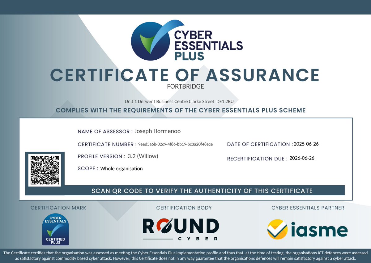 FORTBRIDGE's tweet image. Weโre thrilled to announce that we are now Cyber Essentials Plus (CE+) certified!
This UK Government-backed certification is a significant milestone that demonstrates our commitment to maintaining the highest standards in cyber security.
โ
With CE+, not only have we passed theโฆ
