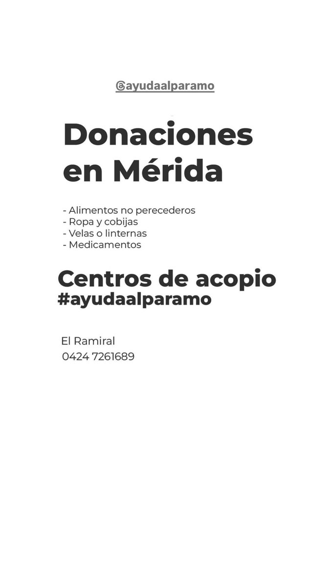 Mi amigo fotoperiodista Miguel Zambrano abrió una linea directa de ayuda a las comunidades damnificadas por las lluvias en el Páramo Merideño. 

Cualquier aporte es importante.

‼️POR FAVOR DIFUNDIR

IG @/ayudaalparamo 
 @/miguelzambranoj