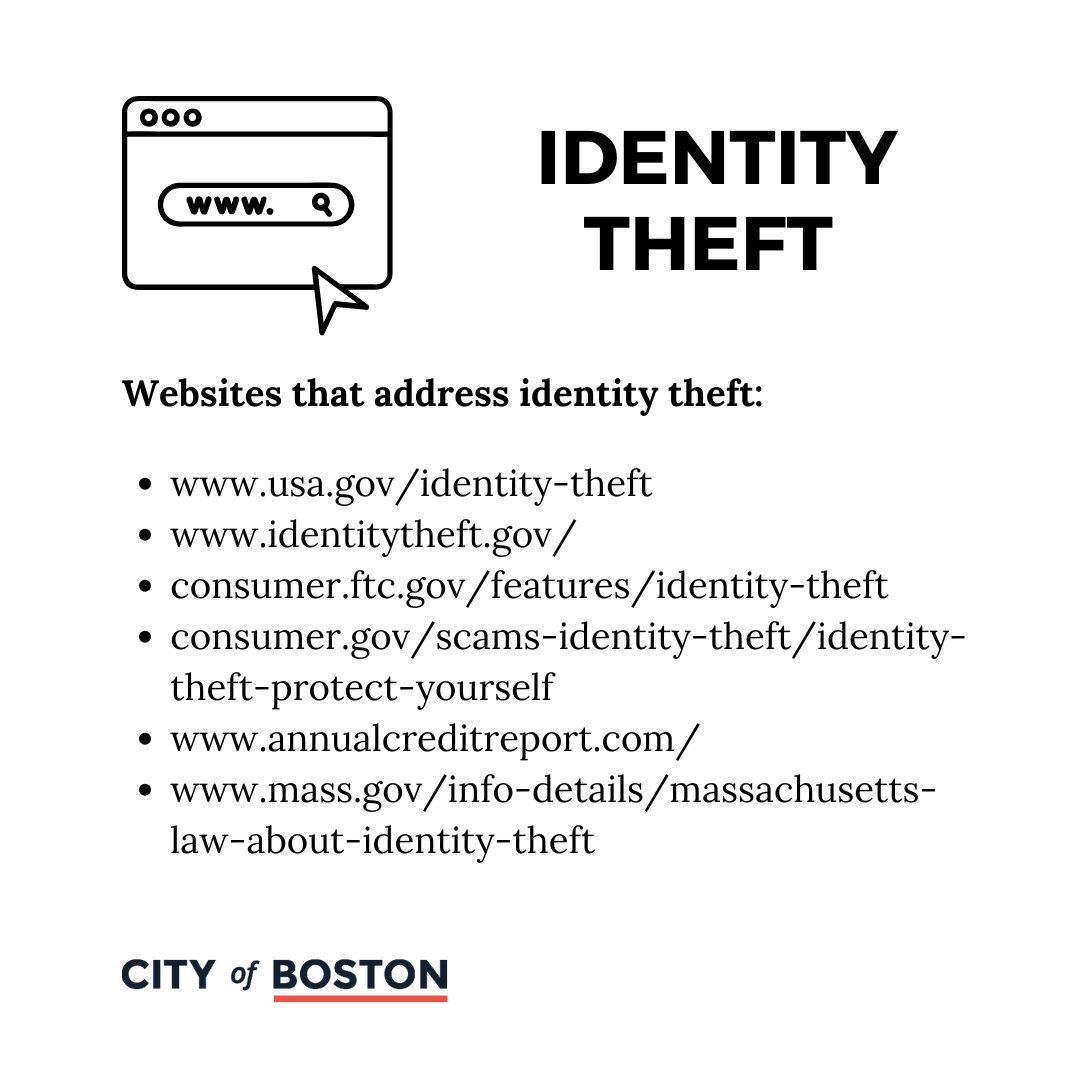 ConsumerBoston's tweet image. Here are some helpful websites that address identity theft. These resources are free and available now.

#identitytheft #resources #boston #consumeraffairs #consumerprotection #protectyouridentity