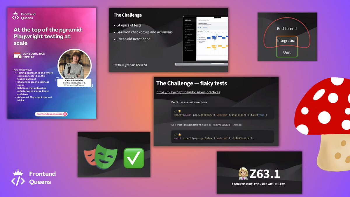 Frontend Queens (@frontendqueens) on Twitter photo ๐ญ We wrapped up a super insightful session with <a href="/kalabro/">Kate ๐ก</a> on At the Top of the Pyramid: Playwright Testing at Scale!
๐ From 0 to 20k+ lines of tests in a year - key takeaway: donโt stick to one strategy. Mix testing types to scale with confidence! ๐ก #Playwright #FrontendQueens ๐ญ We wrapped up a super insightful session with <a href="/kalabro/">Kate ๐ก</a> on At the Top of the Pyramid: Playwright Testing at Scale!
๐ From 0 to 20k+ lines of tests in a year - key takeaway: donโt stick to one strategy. Mix testing types to scale with confidence! ๐ก #Playwright #FrontendQueens
