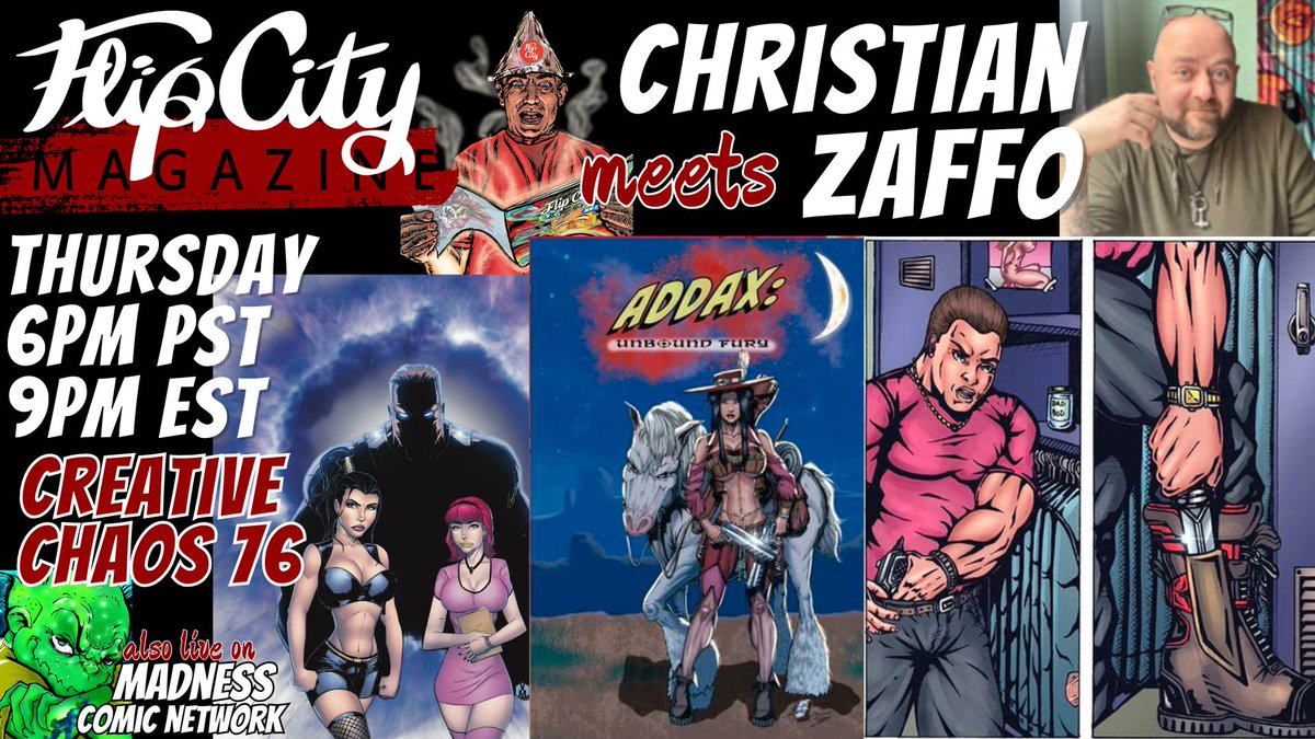 Kitty Filips (@kittyflipcity) on Twitter photo CREATIVE CHAOS is LIVE tonight with <a href="/Zaffart1/">christian zaffo</a> to talk ADDAX: UNBOUND FURY and generally misbehave. 9PM EST- be there.
Links in comments... CREATIVE CHAOS is LIVE tonight with <a href="/Zaffart1/">christian zaffo</a> to talk ADDAX: UNBOUND FURY and generally misbehave. 9PM EST- be there.
Links in comments...