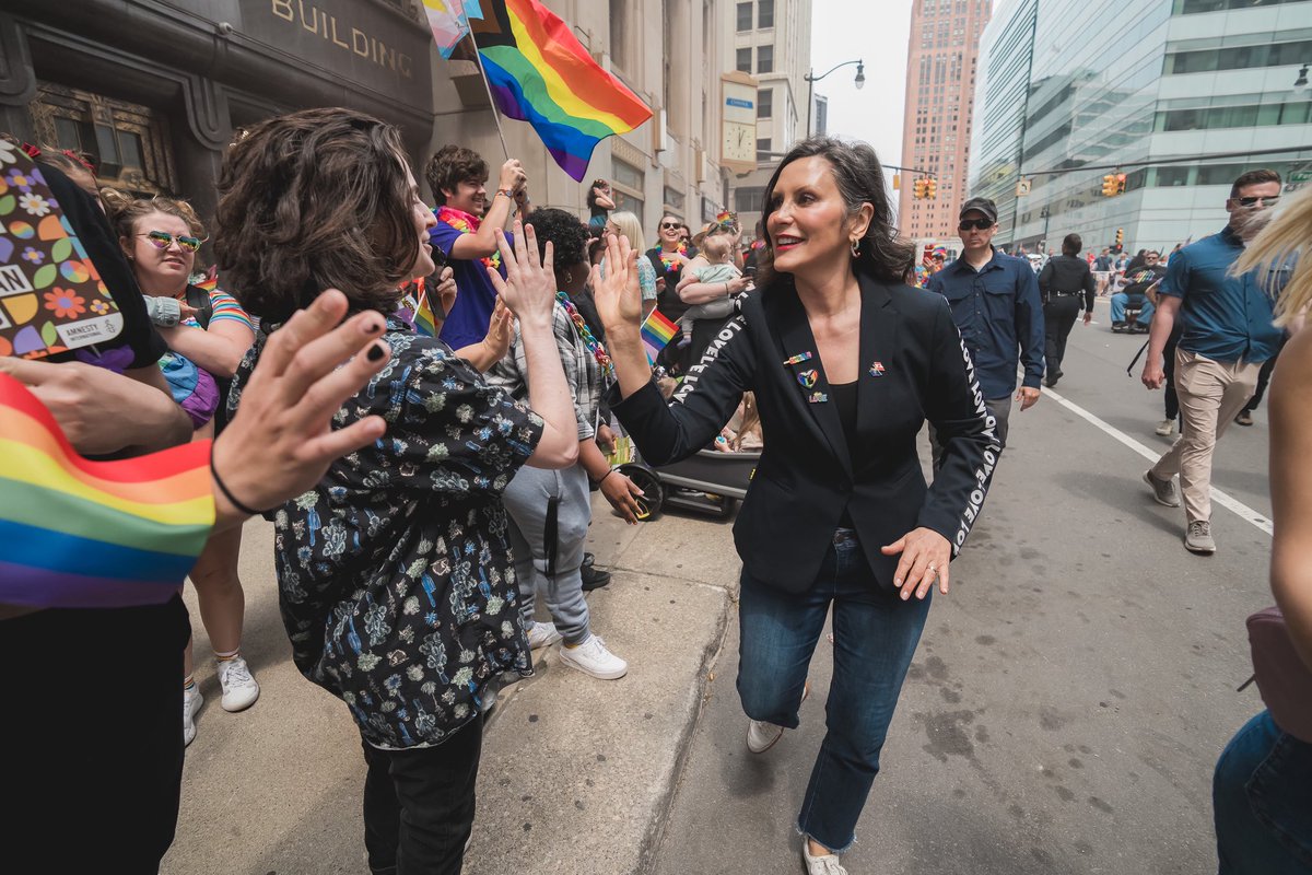 gretchenwhitmer's tweet photo. Here in Michigan, we believe that everyone has a right to be who they are and love who they love. That's why I've fought hard to protect LGBTQ+ rights, and we’ve made historic progress—establishing the first-ever statewide LGBTQ+ commission, expanding protections under the Elliott-Larsen Civil Rights Act, and banning conversion therapy for minors.