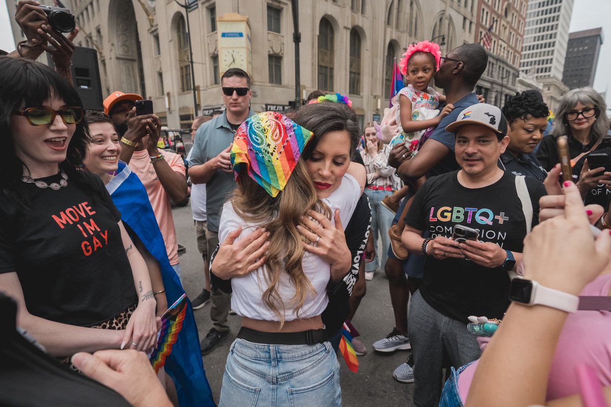 gretchenwhitmer's tweet photo. Here in Michigan, we believe that everyone has a right to be who they are and love who they love. That's why I've fought hard to protect LGBTQ+ rights, and we’ve made historic progress—establishing the first-ever statewide LGBTQ+ commission, expanding protections under the Elliott-Larsen Civil Rights Act, and banning conversion therapy for minors.