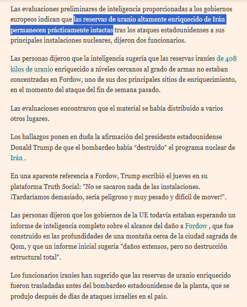 will_pulido's tweet photo. "Los primeros datos de inteligencia sugieren que el #uranio de Irán está prácticamente #intacto, afirman funcionarios europeos".

https://t.co/tAqtJPngMv https://t.co/S9duakKj87