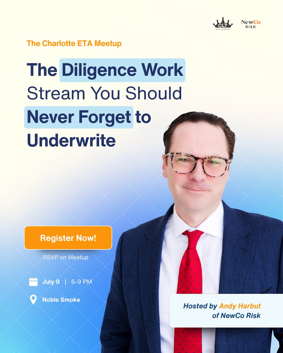 Sean Planchard (@seanplanchard) on Twitter photo Insurance diligence makes my brain hurt. <a href="/andyharbut/">Andy Harbut</a> , <a href="/MrJoshFro/">Josh Richman</a> , and <a href="/NewCoRisk/">NewCo Risk</a> are my ibuprofen.
<a href="/The_CLT_ETA_Grp/">The Charlotte ETA Group</a> can’t wait to host Andy for an overview, some tough questions, and listening to some war stories when he’s in tough for our July 9th Meetup at Noble Smoke! Insurance diligence makes my brain hurt. <a href="/andyharbut/">Andy Harbut</a> , <a href="/MrJoshFro/">Josh Richman</a> , and <a href="/NewCoRisk/">NewCo Risk</a> are my ibuprofen.
<a href="/The_CLT_ETA_Grp/">The Charlotte ETA Group</a> can’t wait to host Andy for an overview, some tough questions, and listening to some war stories when he’s in tough for our July 9th Meetup at Noble Smoke!