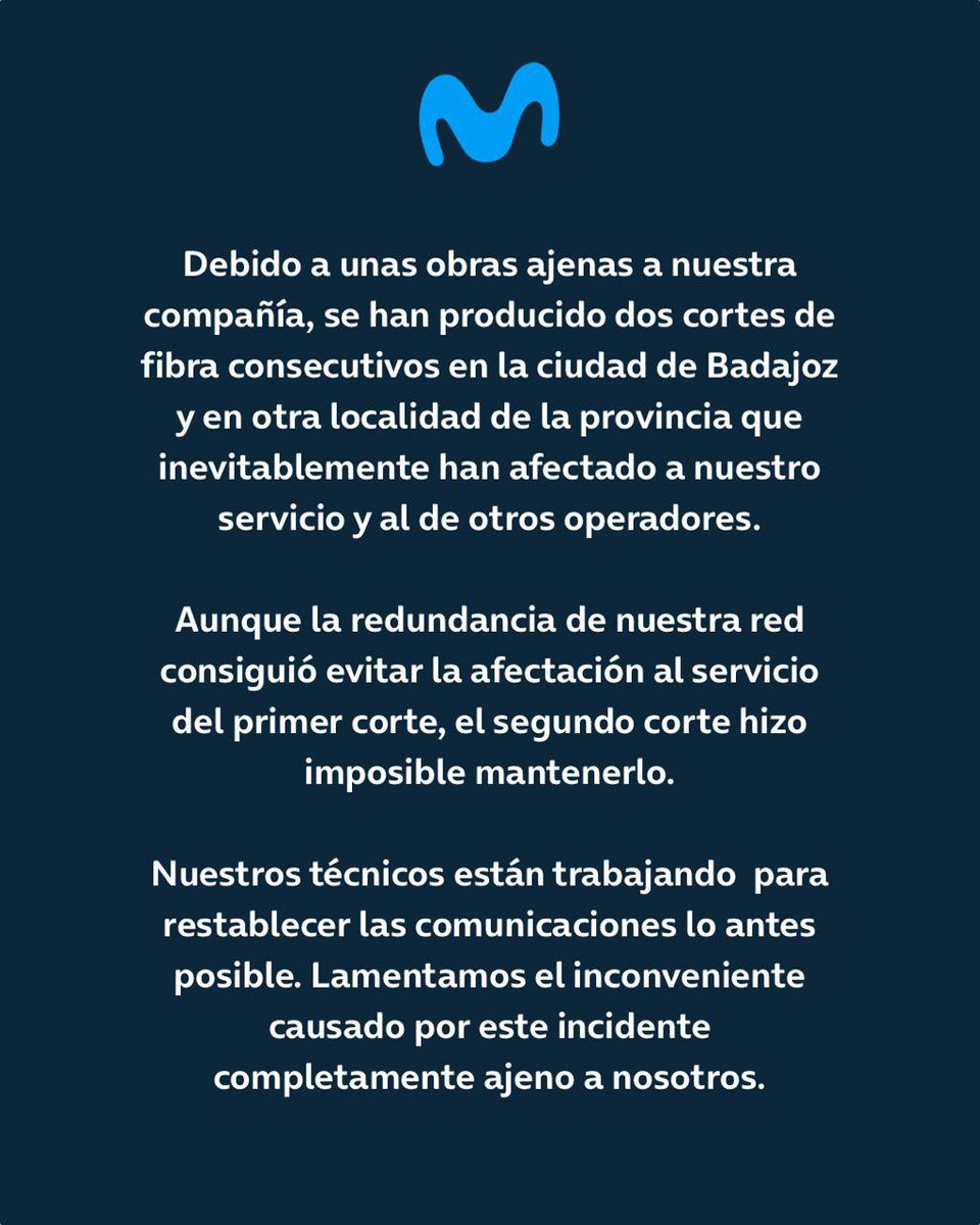 Información para nuestros clientes de la provincia de Bajadoz. Seguimos trabajando para restablecer la conexión lo antes posible.