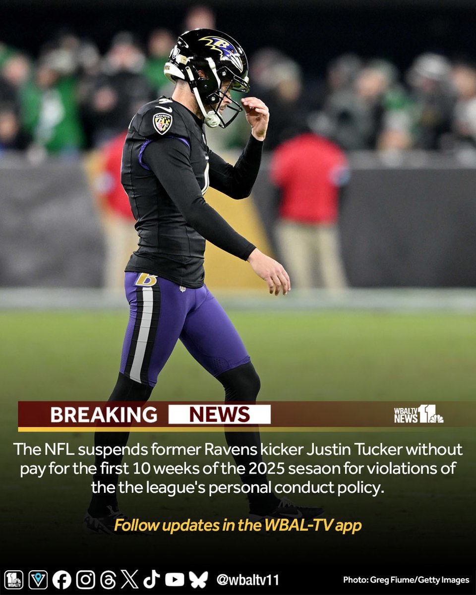 Former Ravens kicker Justin Tucker has been suspended for the first 10 games of the 2025 season, the NFL announced Thursday. Follow latest updates in the WBAL-TV app; wbaltv.com/article/nfl-su…