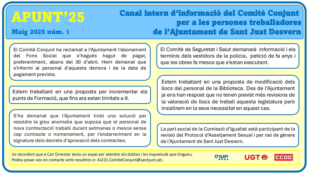 Aquesta és la publicació número 1 del canal d'Informació del Comitè Conjunt de les persones treballadores de l'Ajuntament de Sant Just Desvern