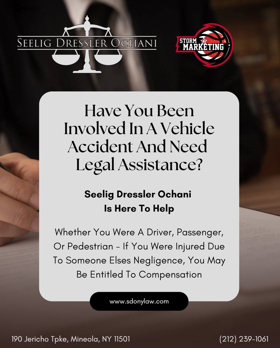 StormMarketing4's tweet image. Have you or someone you know been involved in a vehicle accident?
Seelig Dressler Ochani is here to help!
Visit their website at sdonylaw.com or call (212) 239-1061
#PersonalInjury #NYClawyer #CarAccident #LegalHelp #JusticeMatters #InjuryLaw #NewYorkAttorney