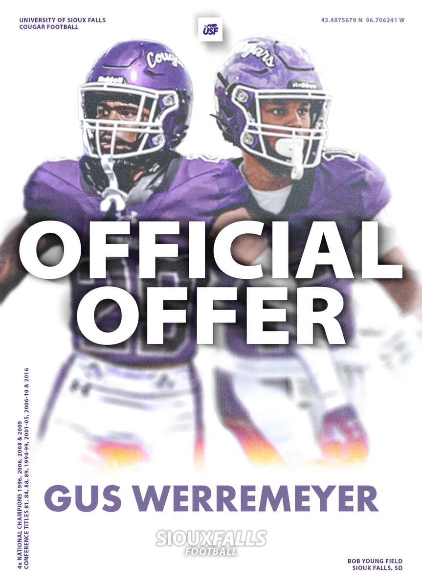 Gus Werremeyer (@gwerremeye87985) on Twitter photo After a great call with <a href="/CoachGDutcher/">Coach Dutch</a> I am blessed to receive and offer from the University of Sioux Falls! <a href="/USFCougarsFB/">USF Football</a> After a great call with <a href="/CoachGDutcher/">Coach Dutch</a> I am blessed to receive and offer from the University of Sioux Falls! <a href="/USFCougarsFB/">USF Football</a>