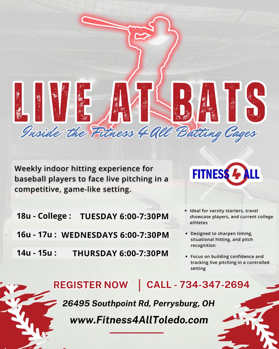 🚨 Live At-Bats are HERE at Fitness4All! ⚾️ 
Step into the box and get real, game-like reps against live pitching

⌛ Spots are limited. Register Now: 734-347-2694 📲 📍 PERRYSBURG, OH