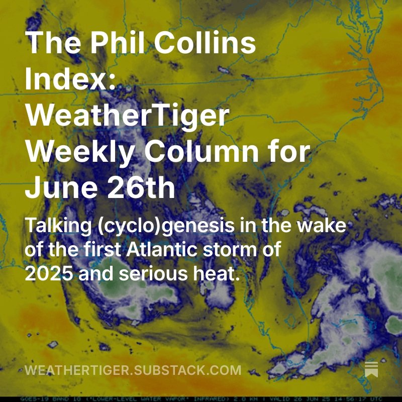 Man it’s a hot one. Fortunately, just like the ocean under the moon, the first month of hurricane season has been so smooth that you could forget about it.  

Today's column looks at why hurricanes form with an assist from Carlos Santana and Phil Collins.

weathertiger.substack.com/p/the-phil-col…